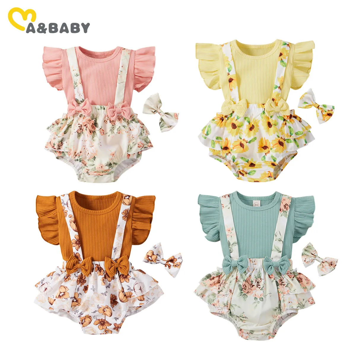 0-18m född spädbarn baby flicka kläder uppsättning blomma outfits stickade ruffles t-shirt blommiga overalls shorts kostymer sommar 210515