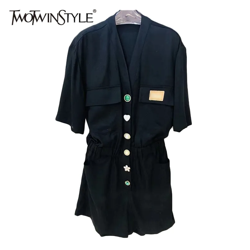 Black Casual Jumpsuits For Women V Neck Short Sleeve Pockets Lace Up Playsuits Female Summer Clothing 210521