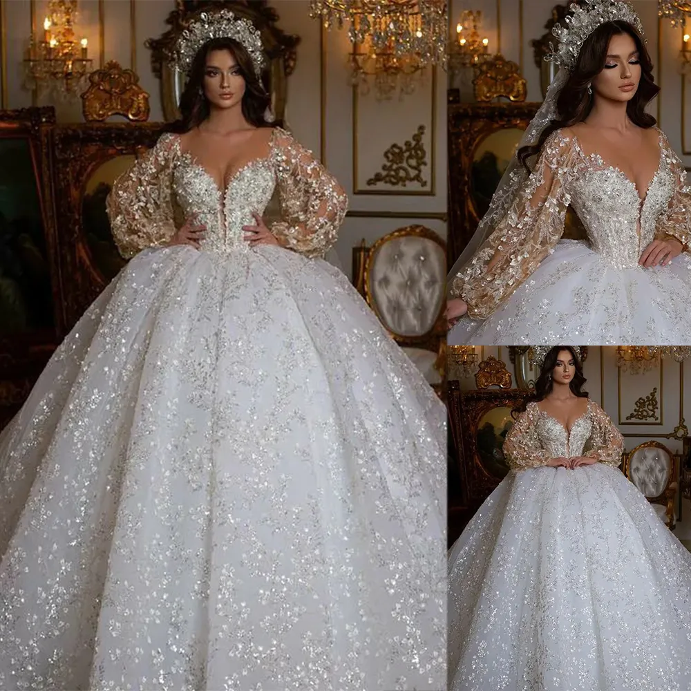 Dubai Vestidos Novia Ball Gown Bröllopsklänning 2022 Långärmad 3d Flower Lace Luxury Bridal Gowns Crystal Beads Bride Robes de Mariée