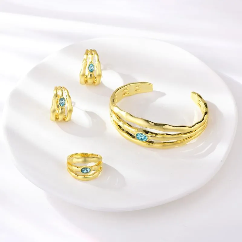 Серьговые ожерелье Венюа Дюбай Золотые Ювелирные изделия для женщин Свадебное набор для женщин синий белый стразы Геометрический кольцо