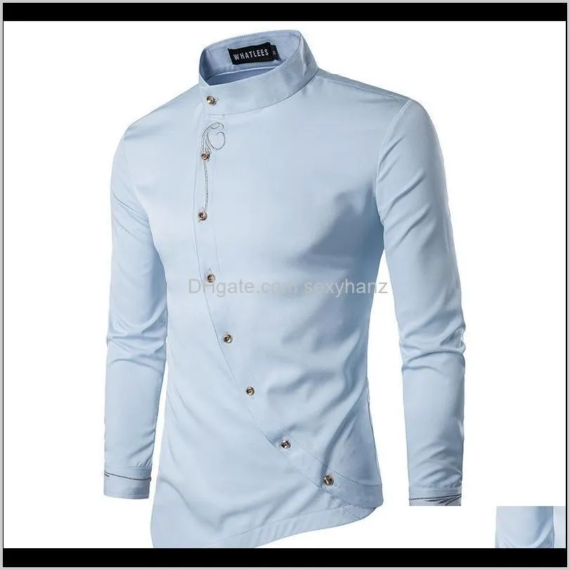 oblique buttons irregular hem s-2xl fashion men`s shirts full sleeve embroidery casual young boys tops slim fit shipping1