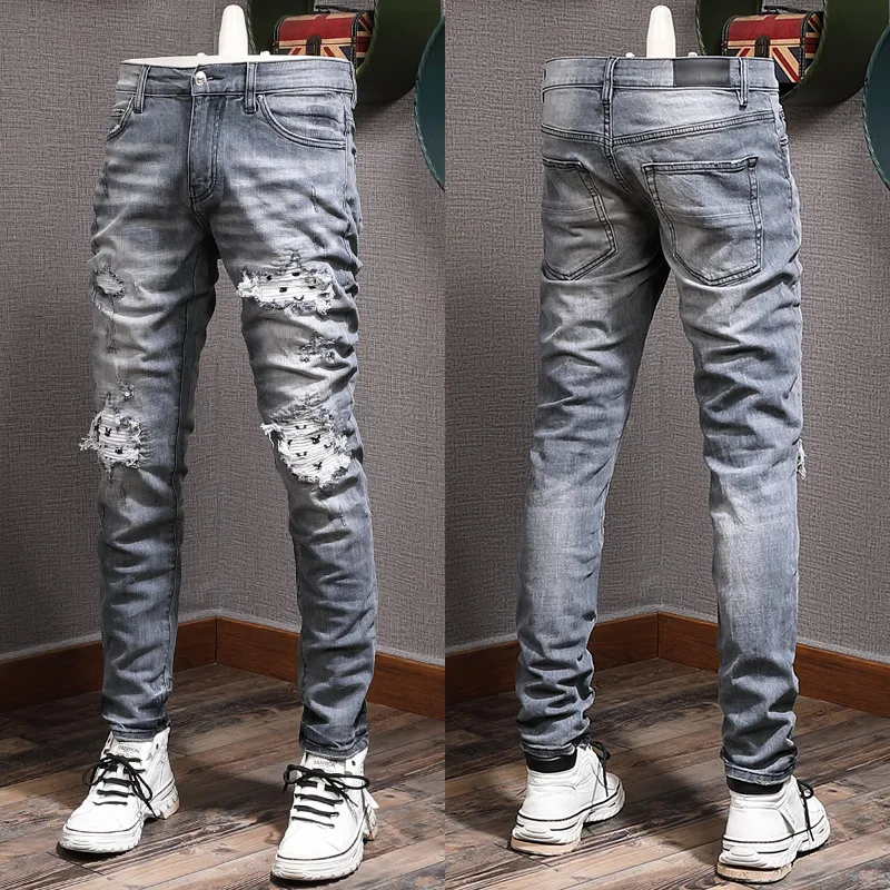 Bikerjeans voor heren met grote maat 38 schade, vervaagd, vervaagd denim met vernietigd gat Male216v