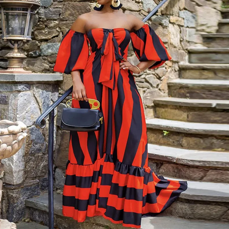 Women Off Shoulder Striped Maxi Dress Elegant Regular Dress Classy Evening Party Long Dress With Pocket 210521