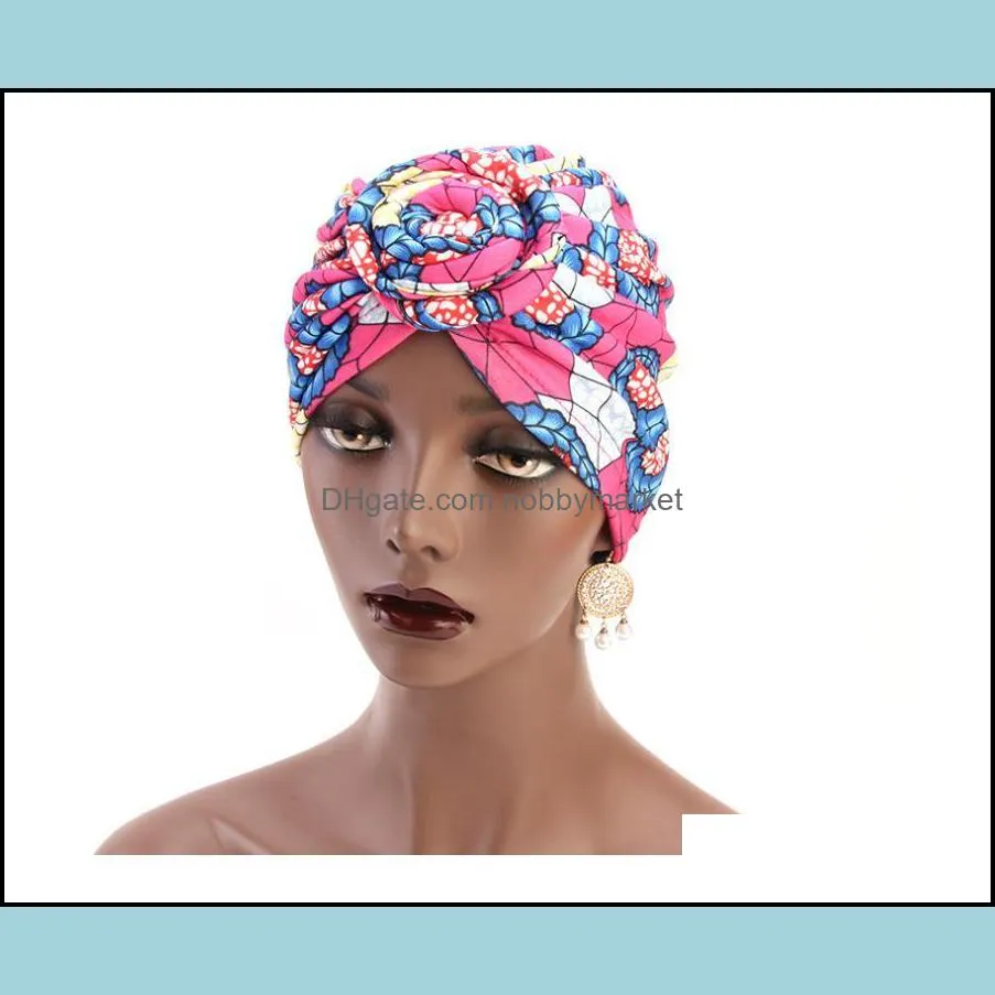 New fashion Women African pattern flower turban Muslim hat Turban headscarf headwrap Ladies Chemo Cap Bandanas Hair Accessories