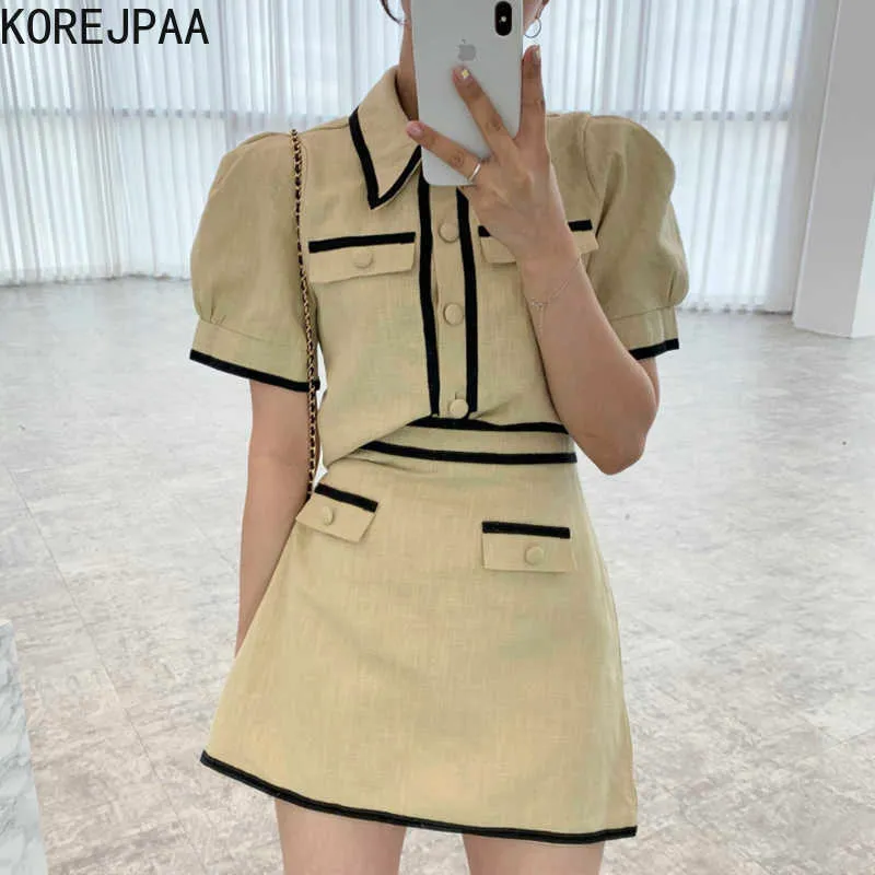 Korejpaa Kobiety Ustawia Lato Koreański Chic Retro Temperament Lapel Hemming Kieszeni Koszulka Rękawica Puffowa Wysoka Talia A-Line Spódnice 210526