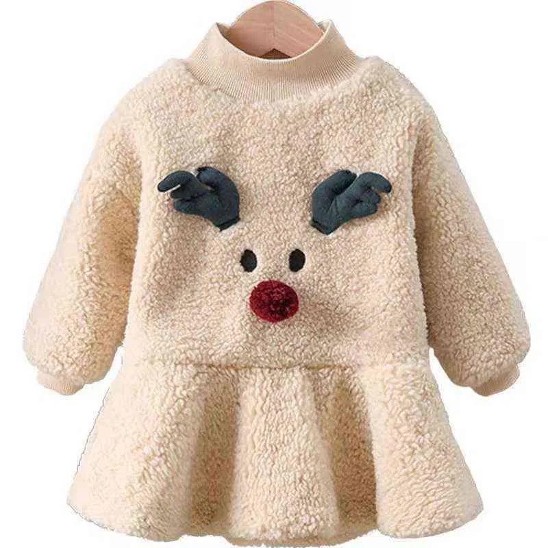 Girls Plus Velvet Dress 2021 Jesień Zima Nowy 1-6t Kobieta Koreańska Moda Cute Cartoon Princess Dress G1215