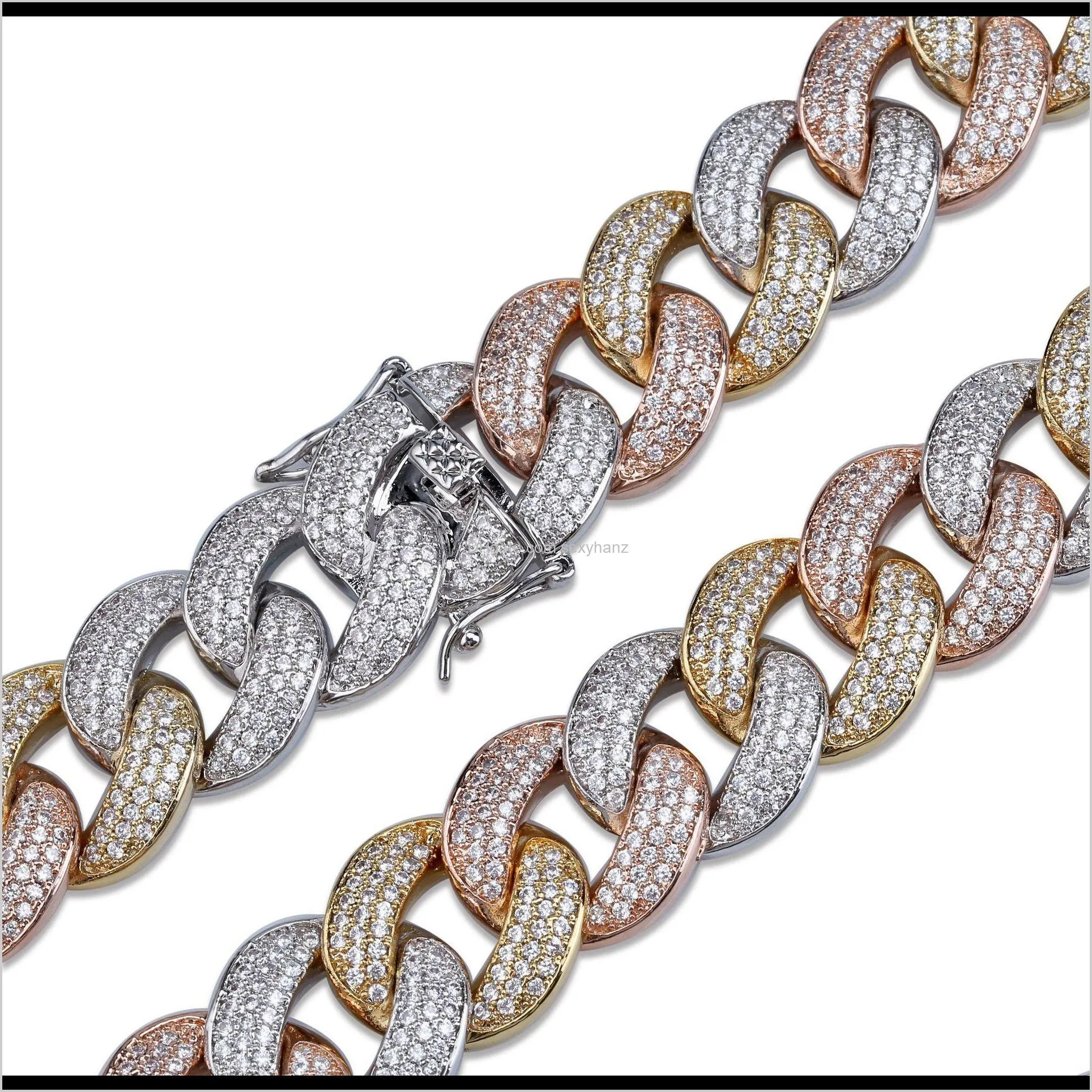 hot three-color hip-hop men`s bracelet full zircon cuban chain