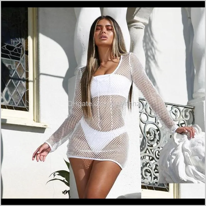 sexy women bikini cover up fishnet hollow out long sleeve swimsuit coverups summer beach mini dress