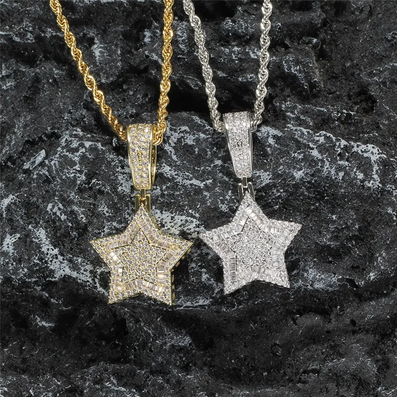 Hip Hop Iced Out Lab Diamond Star Necklace Pendant Gold Silver Plated Mens Bling Jewelry