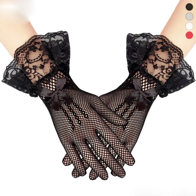 Kvinnor Lady Mesh Fishnet Handskar Sexig Lace Bowknot Wrist Sommar Solskyddsmedel Körkväll Party Girls Glove Black White