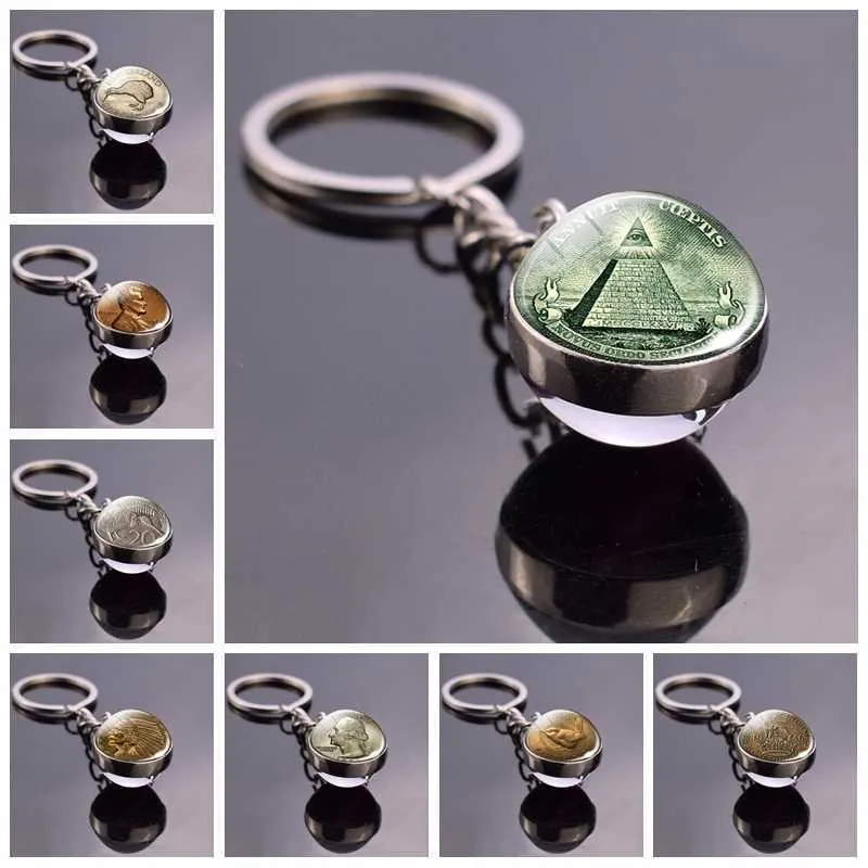 All Seeing Eye Key Chain Illuminati Dollar Bill Jewelry Pyramid Double Sided Glass Ball Keychain Coin Keys Fashion Accessories G1019