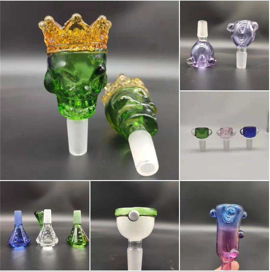 Nyaste 6 Stil 14mm Skål Glasskål Man Joint Handtag Vacker Slide Bowl Piece Rökning Tillbehör för Bongs Vattenrör