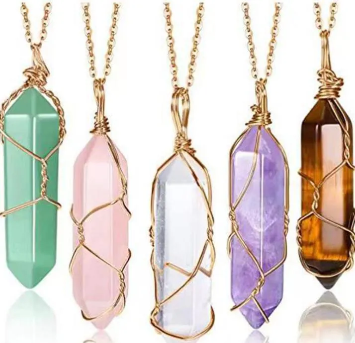 2021 Hexagon Shape Chakra Natural Stone Healing Point Pendants Necklaces with Gold Chain for Women Jewelry Gift willl and sandy jewelry