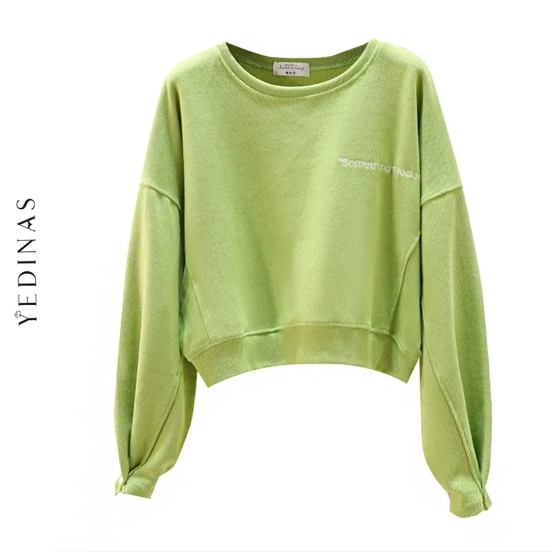 Yedinas Autumn Harajuku Hoodie Pullover Long Sleeve Casual Hoodies Sweatshirt Women White Streetwear Crop Top For Girls 210527