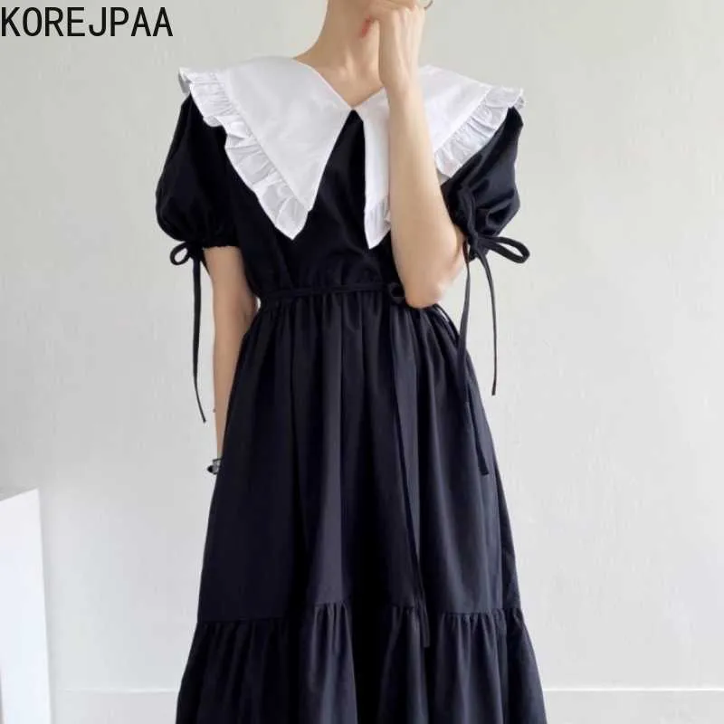 Korjpaa Kvinnor Klänning Koreanskt Elegant Retro Temperament Docka Krage Stitching Slips med midja Bubble Sleeves Long Vestido 210526