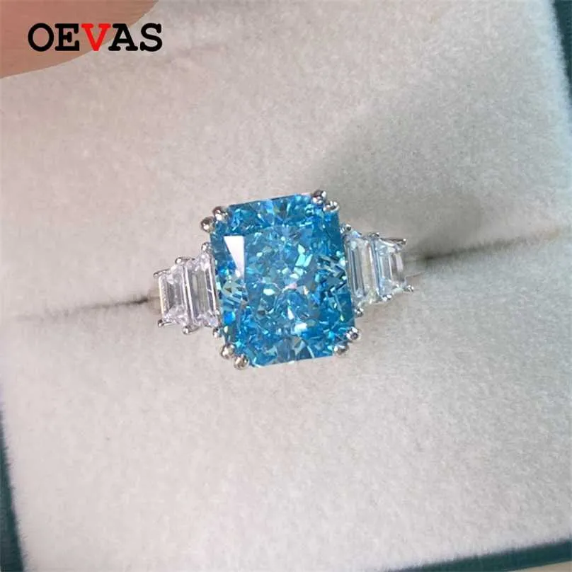 OEVAS 100% 925 Sterling Silver Aquamarine Wedding Rings For Women Sparkling High Carbon Diamond Engagement Party Fine Jewelry 211217