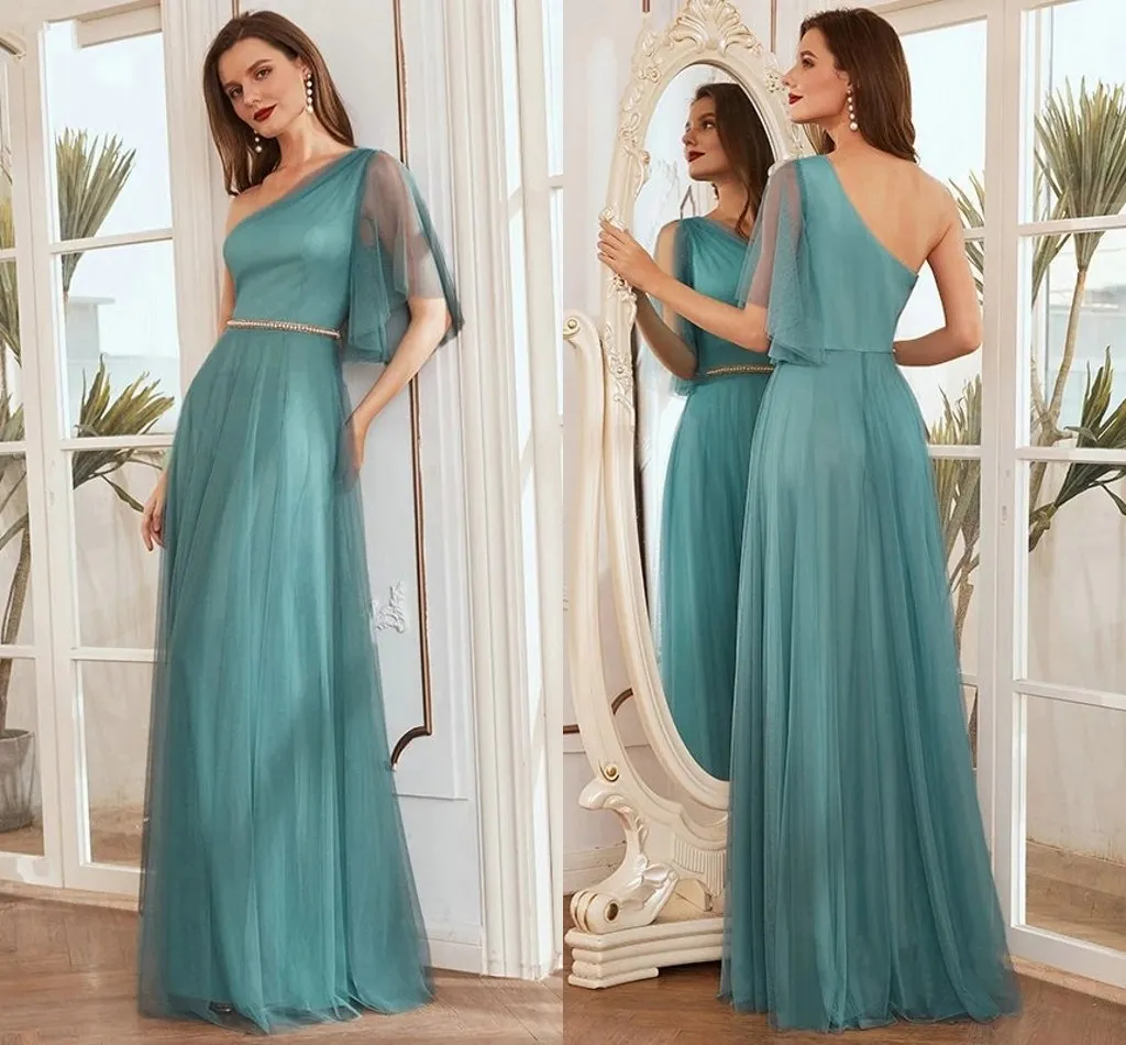 2021 Blue One Shoulder Tulle Bridesmaid Dresses A-line Empire Waist Beading Sash Elegant Long Maid Of Honor Gowns Women Dress For Wedding Party Pretty Robes AL8960