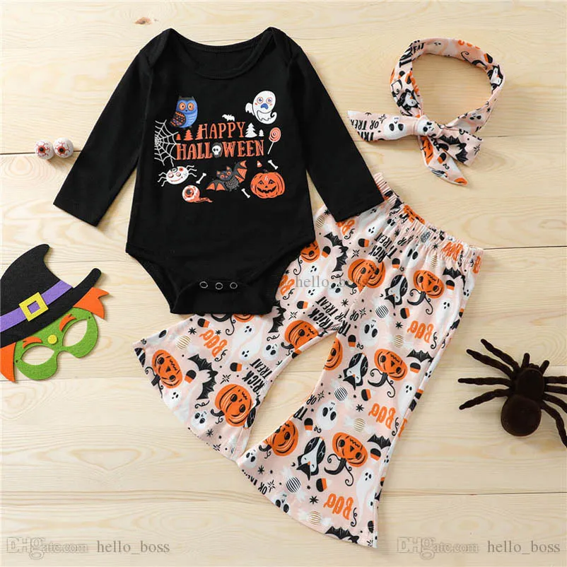 Baby Clothing Sets Girls Outfits Infant Clothes Halloween Costumes Spring Autumn Cotton Long Sleeve Rompers Flared Trousers Pants Headbands Suits B7065