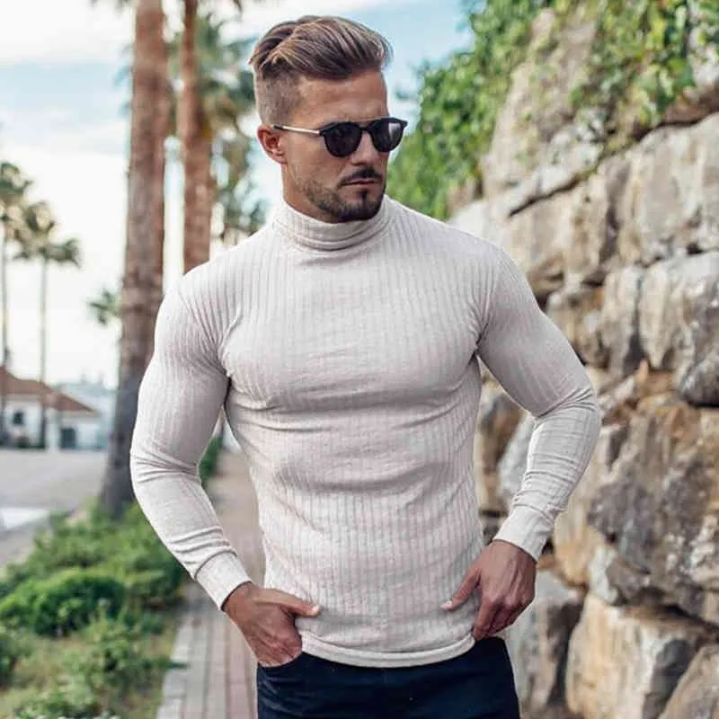 Blanc décontracté pull à col roulé hommes pulls automne hiver mode pull mince solide Slim Fit tricots à manches longues tricots 210421