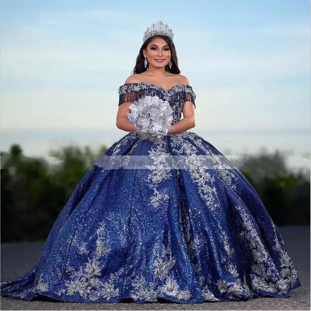 Royal Blue Prom Dresses: Sequined Off Shoulder Gown With Silver Lace  Appliques And Beaded Train For Special Occasions From Haiyan4419, $234.88 |  DHgate.Com, image size:1003x1002