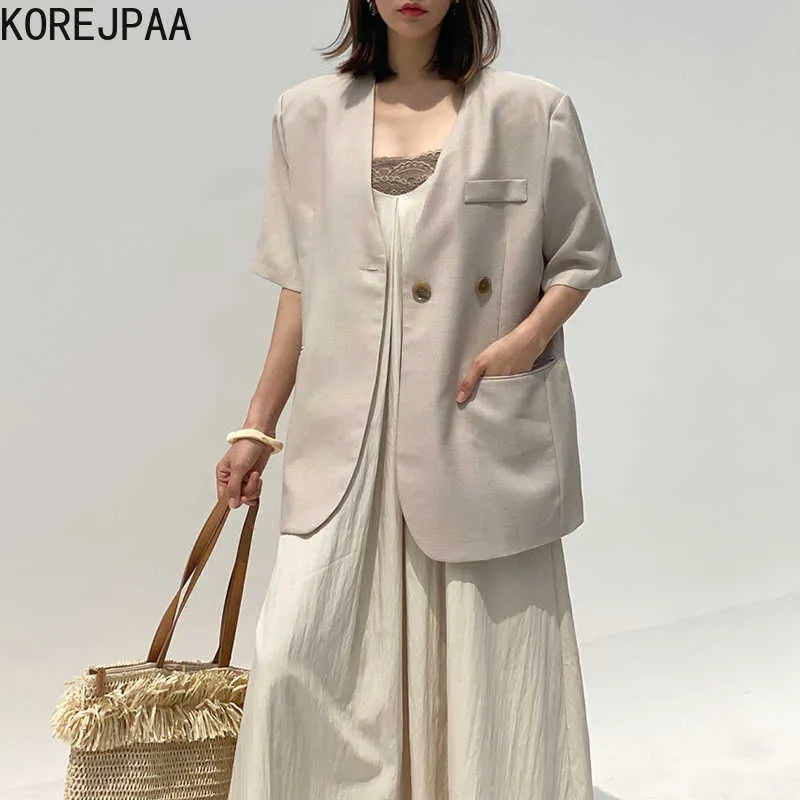 Korejpaa Dames Sets Zomer Koreaanse Chic Temperament V-hals Twee Knop Korte Mouw Blazer Elegant Geplooid Sling Jurk Suits 210526
