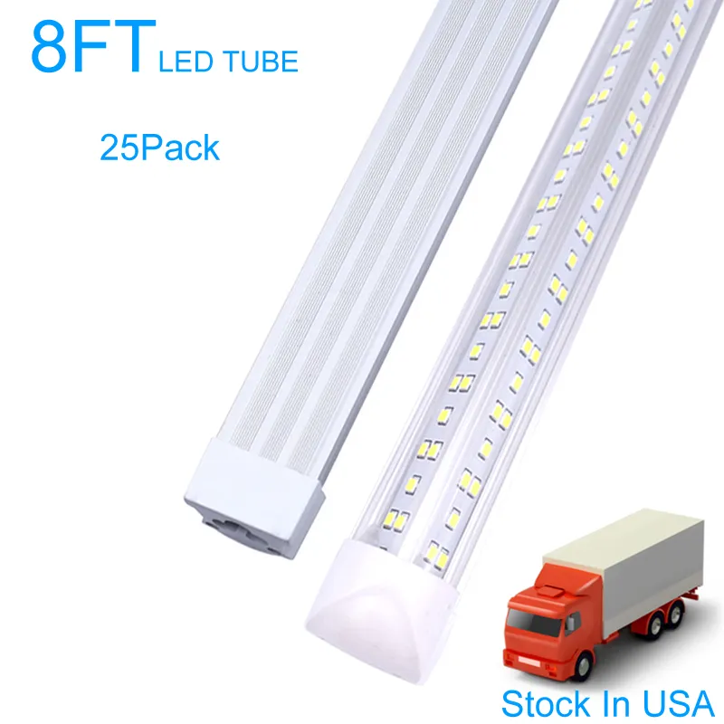 8FT LED butiksljusarmatur, V-form T8 integrerade 8-fots rörljus, 6500K kallvitt, högeffekt 144W rörljus, dubbelsidigt för garage, lager, genomskinligt lock