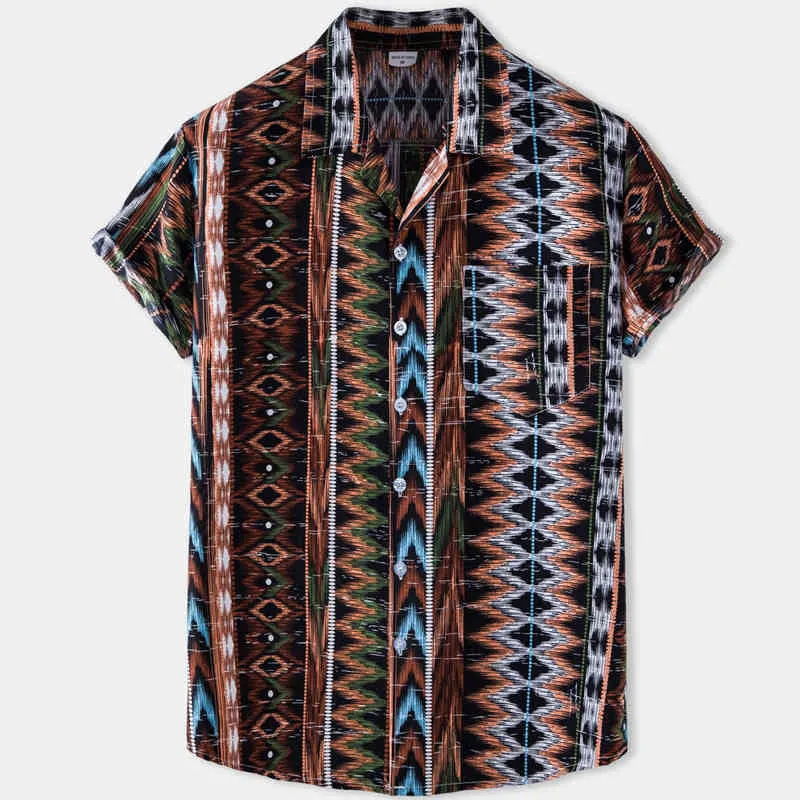 Estilo étnico Camisetas Homens Manga Curta Casual Mens Aloha Camisa Praia Férias Hawaiian Camisas Verão Brand Cozy Chemise Homme 210524