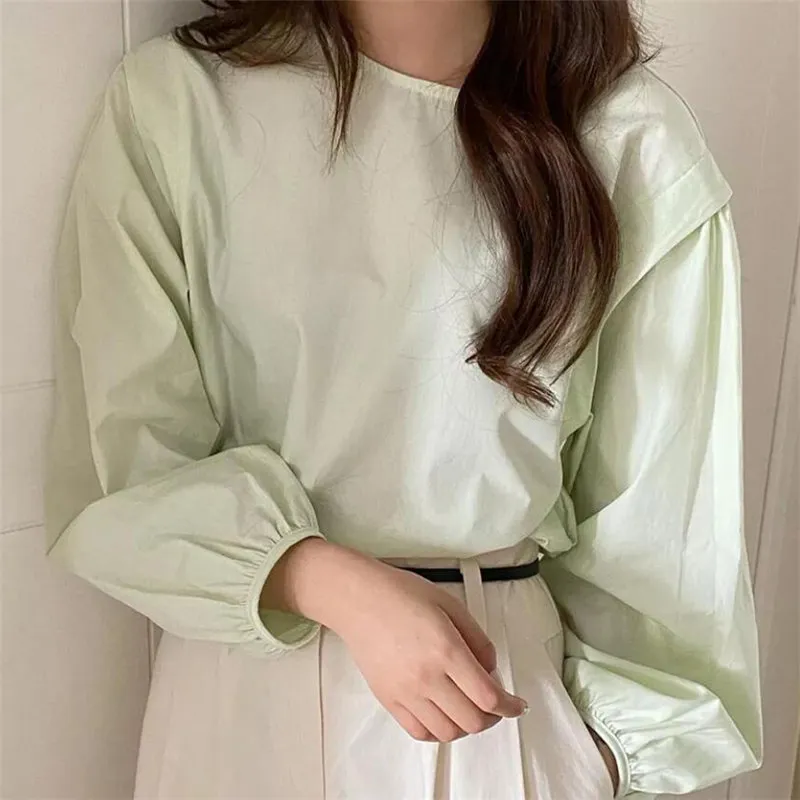 Minimaliste OL Vert Clair Casual Streetwear Tops Loose All Match Solid Gentle Chic Chemises Pulls Blouses 210421