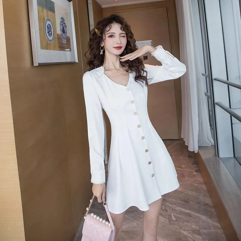 Spring Dress Women Button Slim A-Line Sexy Korean Office Wear Ladies Elegant Dresses Vestidos Female 20411 Casual