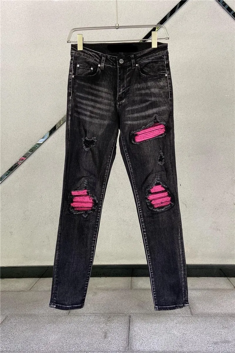 Мужские джинсы Street Tide High Youth Pink Spell из натуральной кожи с рваной нашивкой, большой размер, микроэластичный, черные, мужские198b