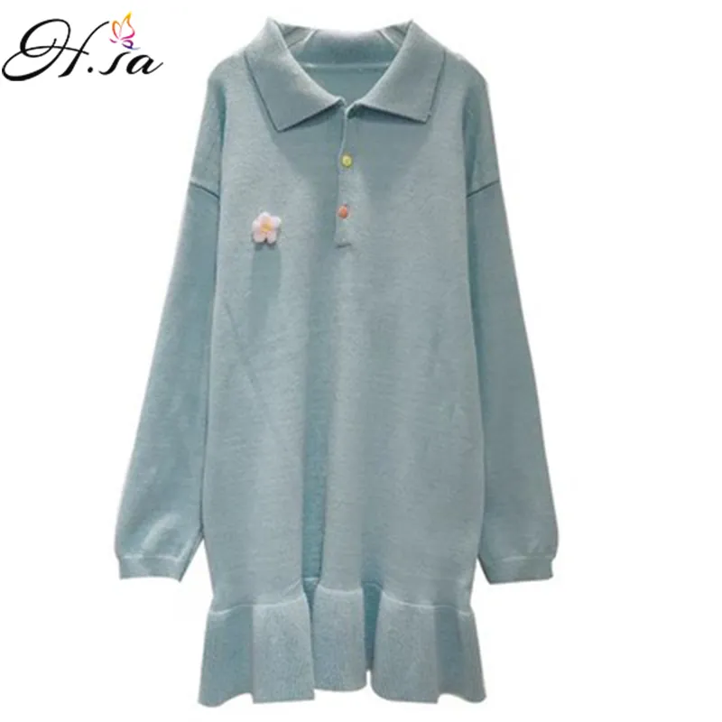 H.SA Style coréen femmes Robe à manches longues volants Pull Floral Robe pull pulls sueter feminino Chic 210417