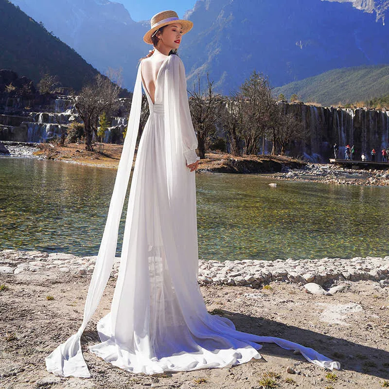 elegant chiffon dress white Square Neckline Long Sleeve White Chiffon Maxi Party Dress main image 1