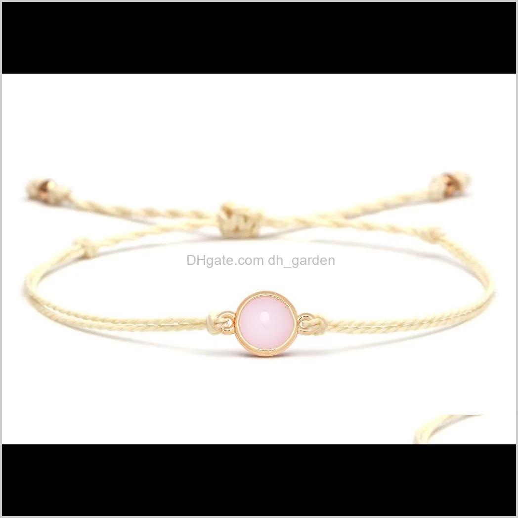 cute copper pink semi-precious stone charm bracelet women men nice grey beige waxed string round stone handmade jewelry present1