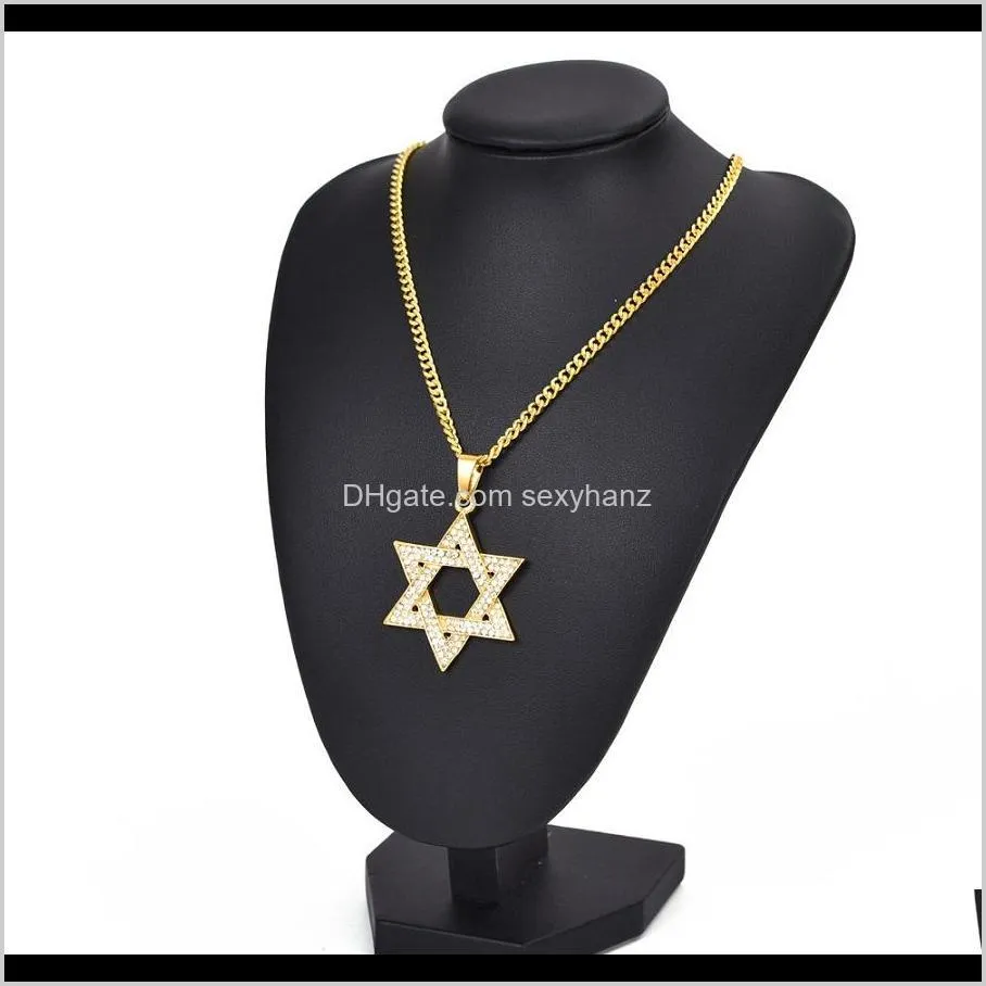 unique hot magen star of david pendant necklace men women hip hop jewelry full rhinestone fashion 60cm long chain gold trendy punk