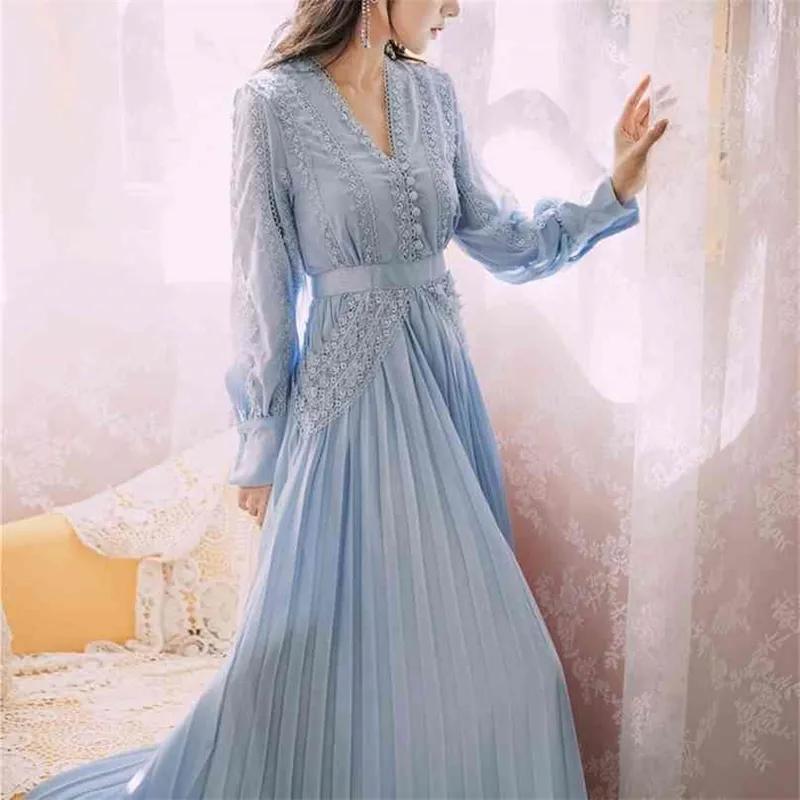 Vintage Blue Lace Maxi Sukienki Kobieta V-Neck Party Wieczór Vestidos Wysoki Piętrowy Runway Plised Długa Jesień 210603