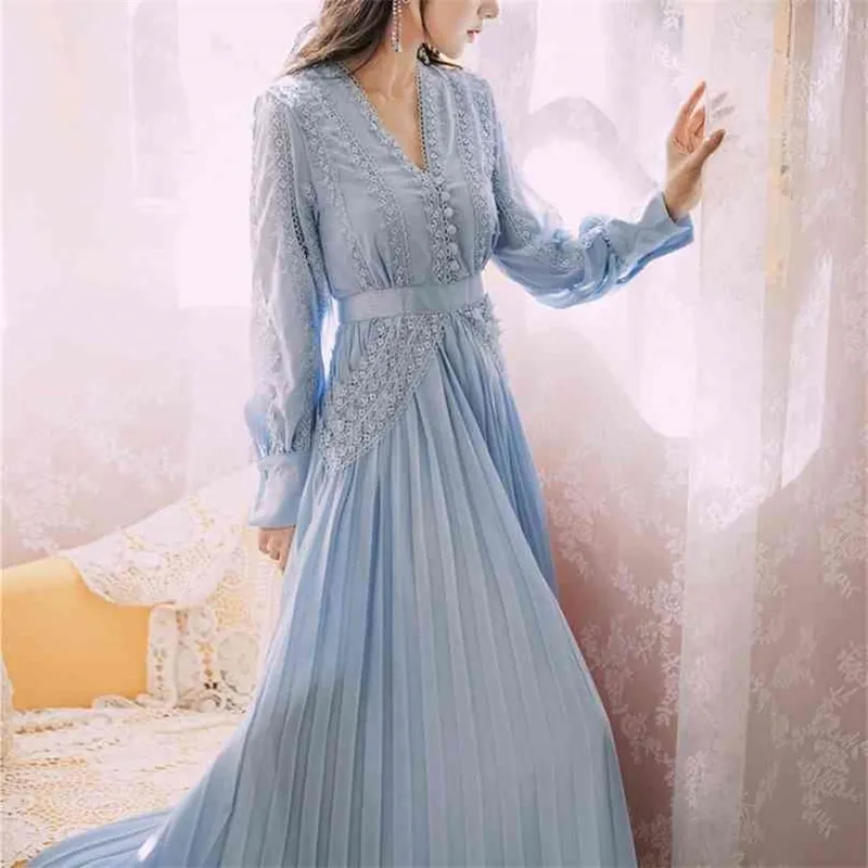 Vintage Blue Lace Maxi Robes Femme V-Col V-Col Soirée Robes Haute Taille Piste Plissée Longue Automne 210603