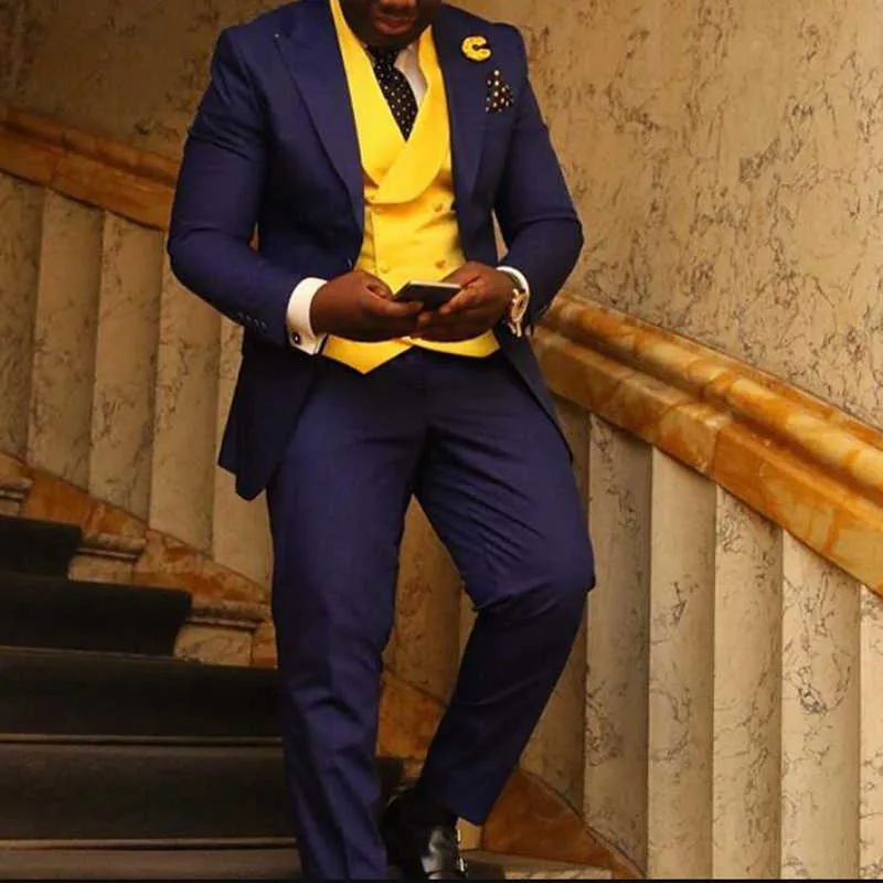 3 Stuk Afrikaanse Mannen Suits Slim Fit Geel Double Breasted Gilet Royal Blue Wedding Tuxedo voor Bruidegom Dinerfeest met Pant X0909