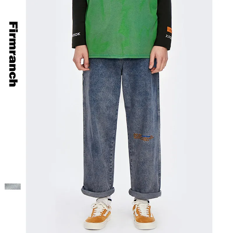Firmranch Spring / Autumn Amei Khaki Broderad Straight Casual Bottom Back Pocket Denim Jeans för män Lösa långa ungdomsbyxor