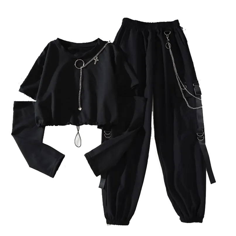 Pantalon Cargo Harajuku pour femmes, beau costume deux pièces Cool, chaîne à manches longues + ruban, printemps automne 220226