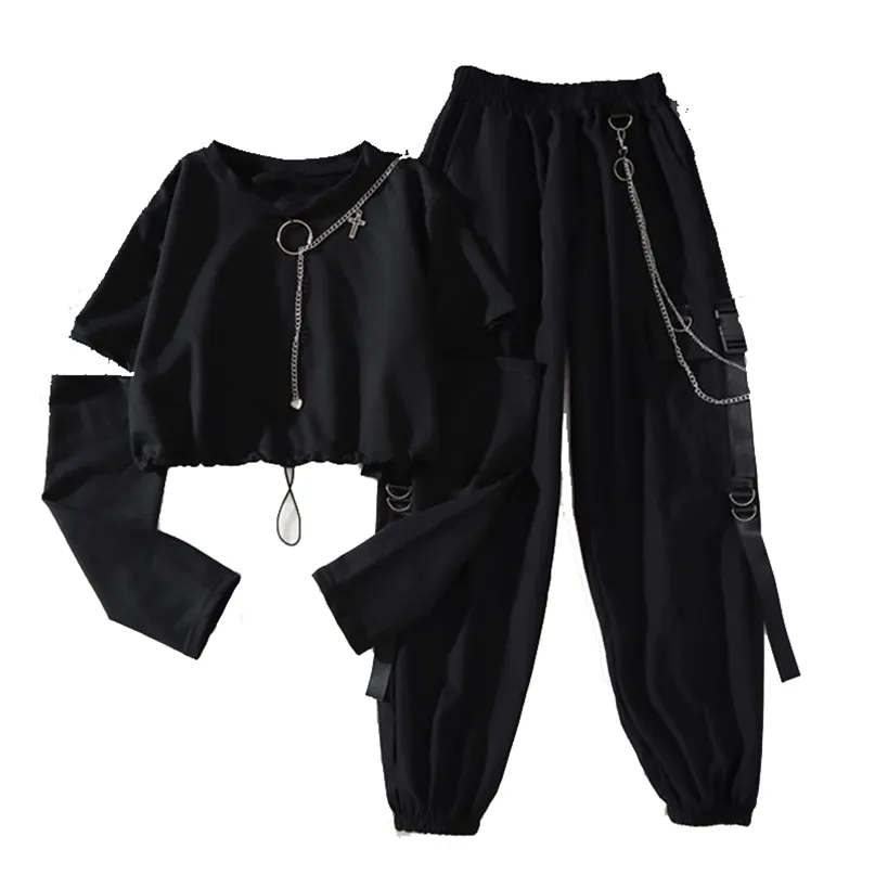 Spring Autumn Women Harajuku Cargo Pants Handsome Cool Two-piece Suit Chain Long Sleeve+Ribbon 220226