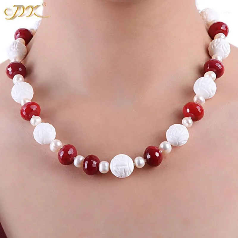 Catene JYX 7x9mm bianco rotondo perla d'acqua dolce con pietra preziosa rossa e collana di gioielli Tridaonidae naturale regalo per le donne1