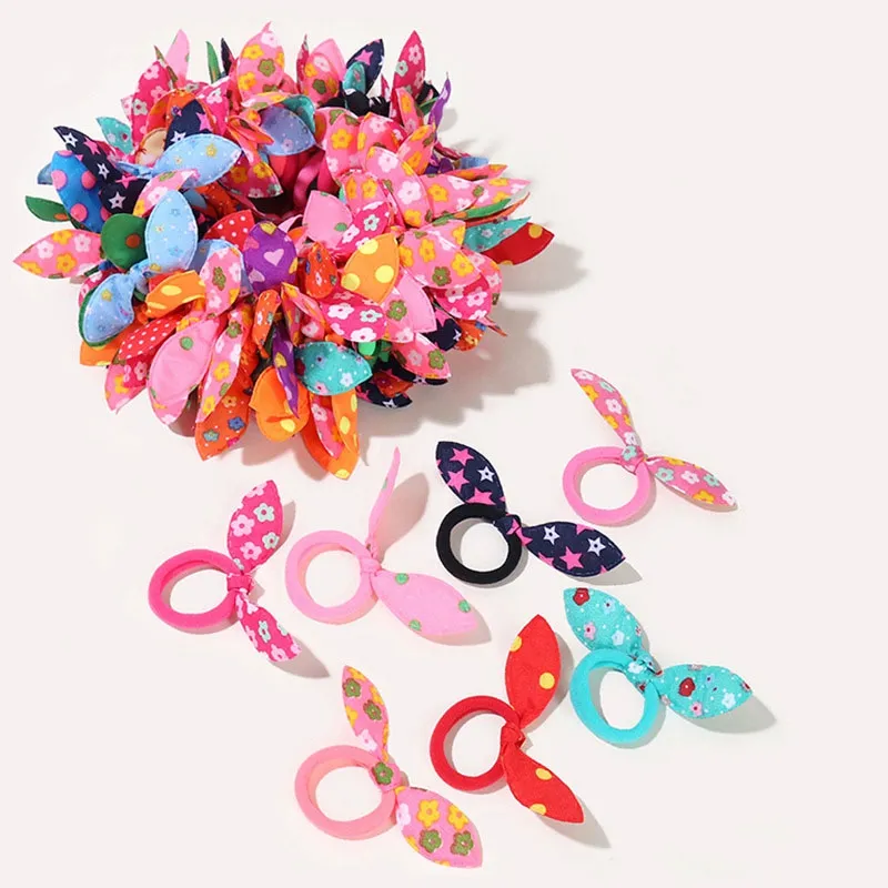 100 Pcs / lot Enfants élastique bande de cheveux Mignon Polka Arc Oreilles De Lapin Bandeau Fille Anneau Chouchou Enfants Ponytail Holder Cheveux Accessoires 0206