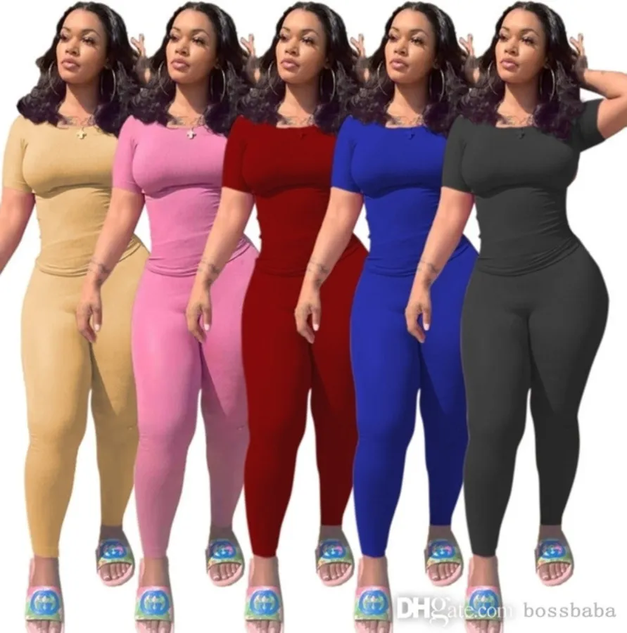 Femmes Survêtements Desinger Deux Pièces Ensemble Solide Casual Sexy Costume De Sport Accueil T-Shirts Pantalon Tricoté Rose Tenues Moulante Plus La Taille Femme Vêtements