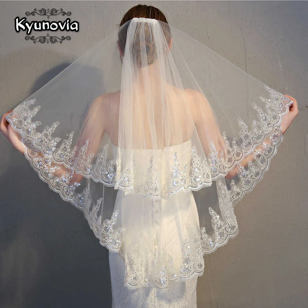 Kyunovia Velo da sposa con pettini Velo al gomito Veli da sposa corti con applicazioni in pizzo Veli con paillettes Accessori da sposa D52 X0726