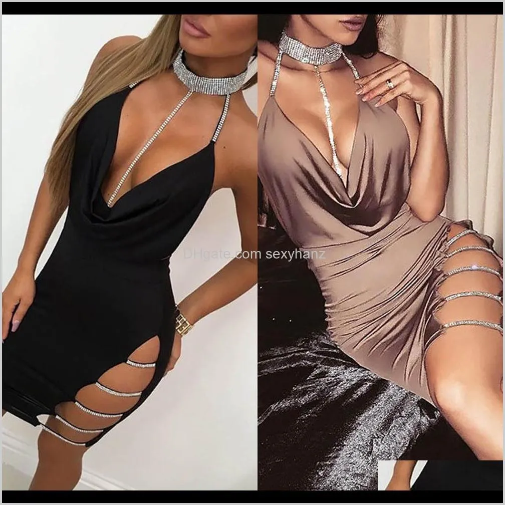 black sexy party dress women summer fashion deep v neck halter backless choker slit sequin bodycon dresses women clothes