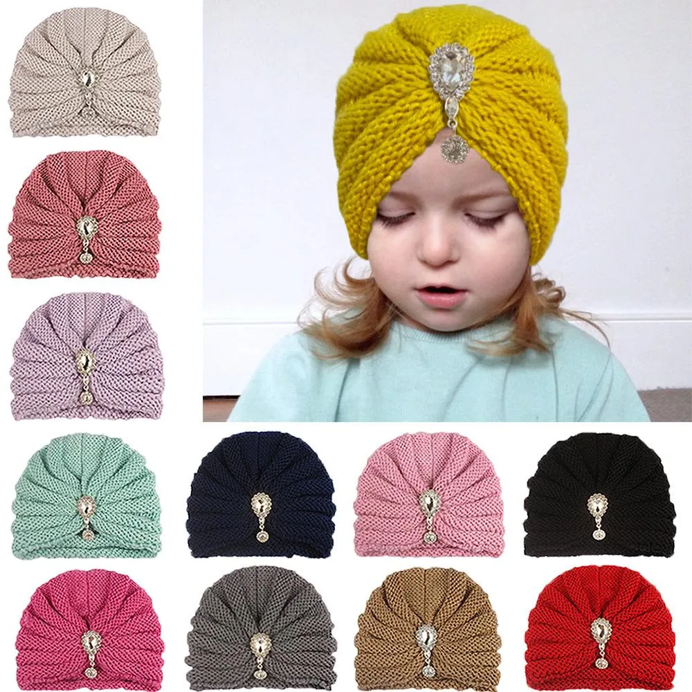 Осень зима девочек вязаная шляпа димондут кулон детские головные уборы малыша дети теплые шапочки тюрбаны шляпы детские шапки 12 цветов
