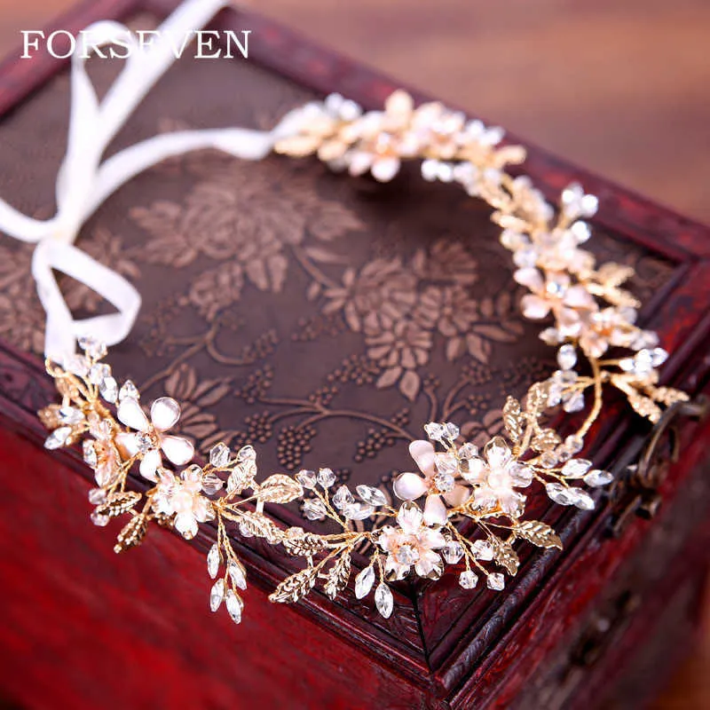 Bride Flower Headbands Wedding Hair Accessories Hair Vine Bridal Headpiece Crystal Hairband Golden Leaf Tiaras Headbands X0625