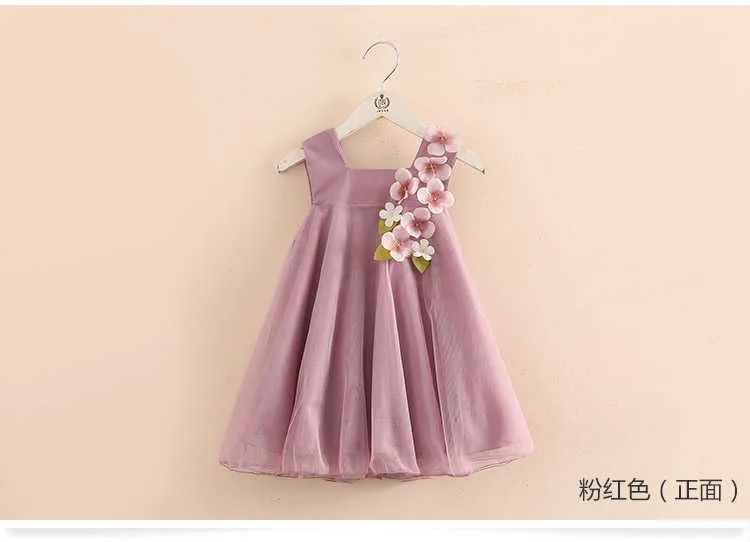  Summer 2-12 Years Children Birthday Solid Color Flower Decoration Princess Elegant Sleeveless Kids Girl Party Dress (3)