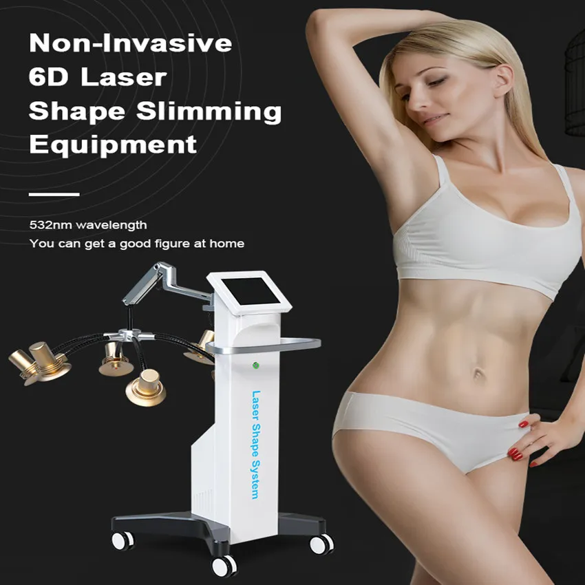 Professionell 6D Lipolaser Slimming Machine Icke-invasiv 532Nm Våglängd Grön ljus och röd ljus Kallkälla Laser för kroppsskulptur Fettreduktion