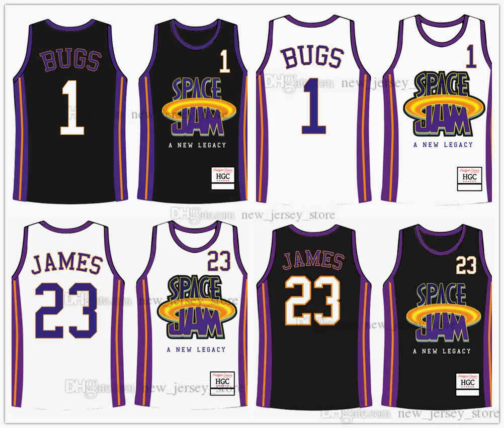 Movie # 1 Bugs # 23 James Space Jam Nowy Legacy Black White Koszykówka Jersey Niestandardowy DIY Design Szyte Kolegium Baskeball Koszulki